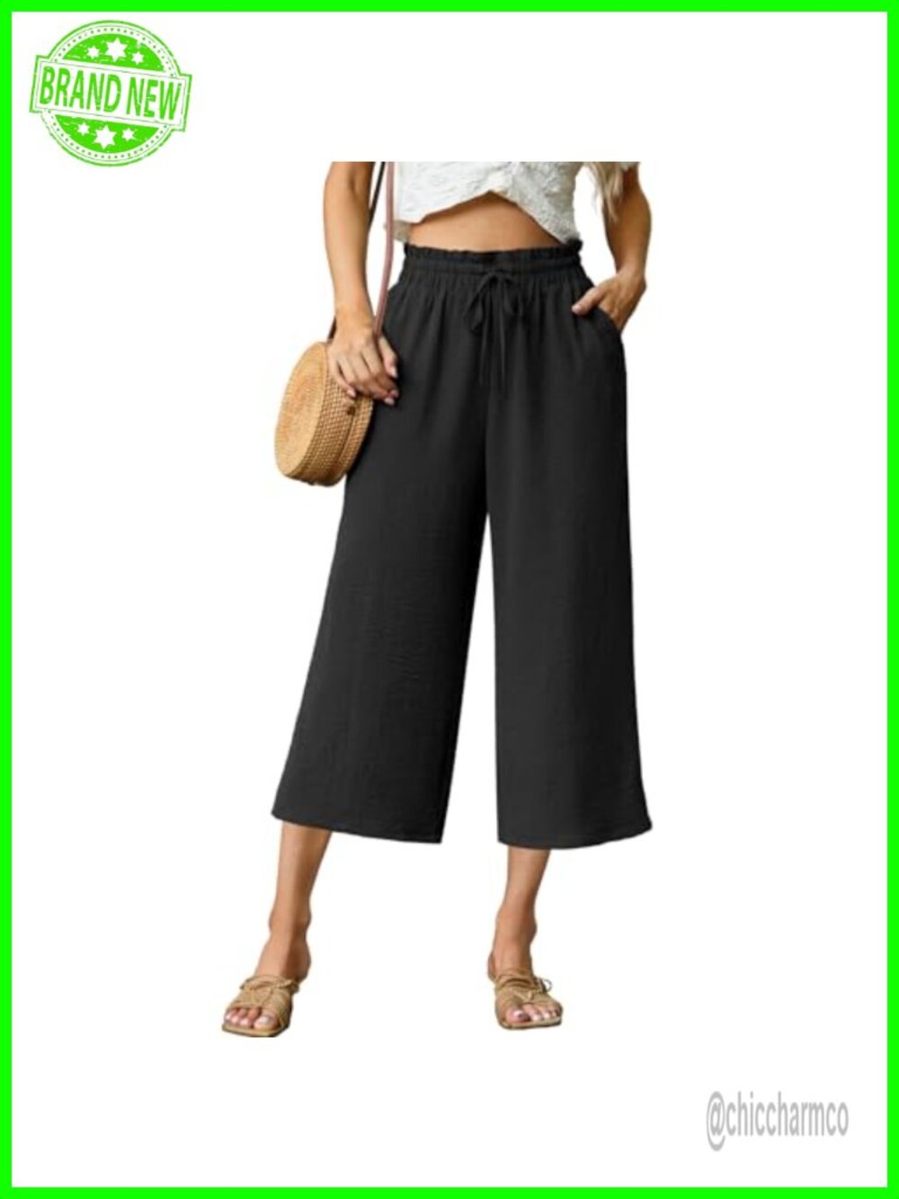 Women's High Waisted Wide Leg Capri Pants Drawstring Pockets